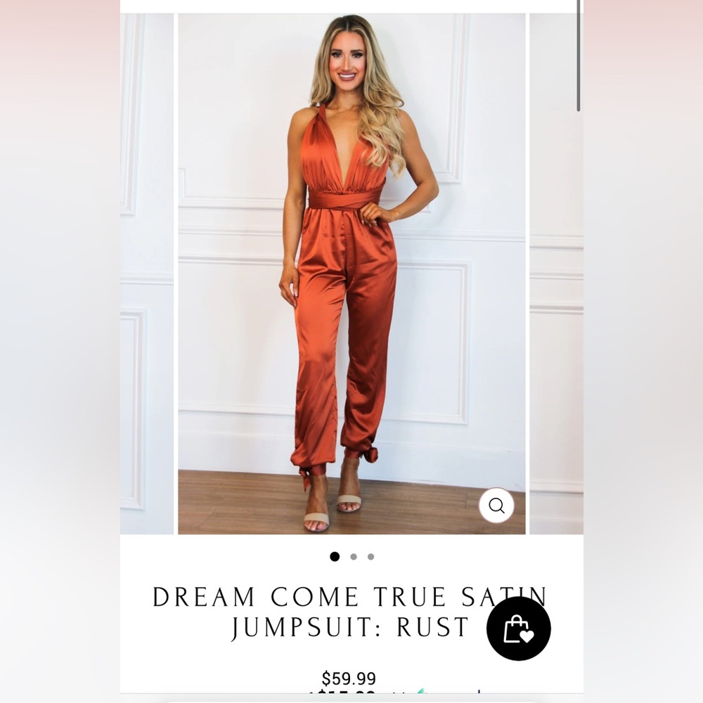 Burnt Orange Satin Jumpsuit with Plunging V-Neck and Wrap Around Tie Waist
